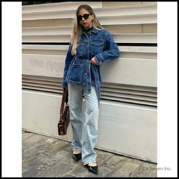 Oversized Denim Jacket Mid Long Classic Trendy With Belt Four Pockets - Picture 4 of 7